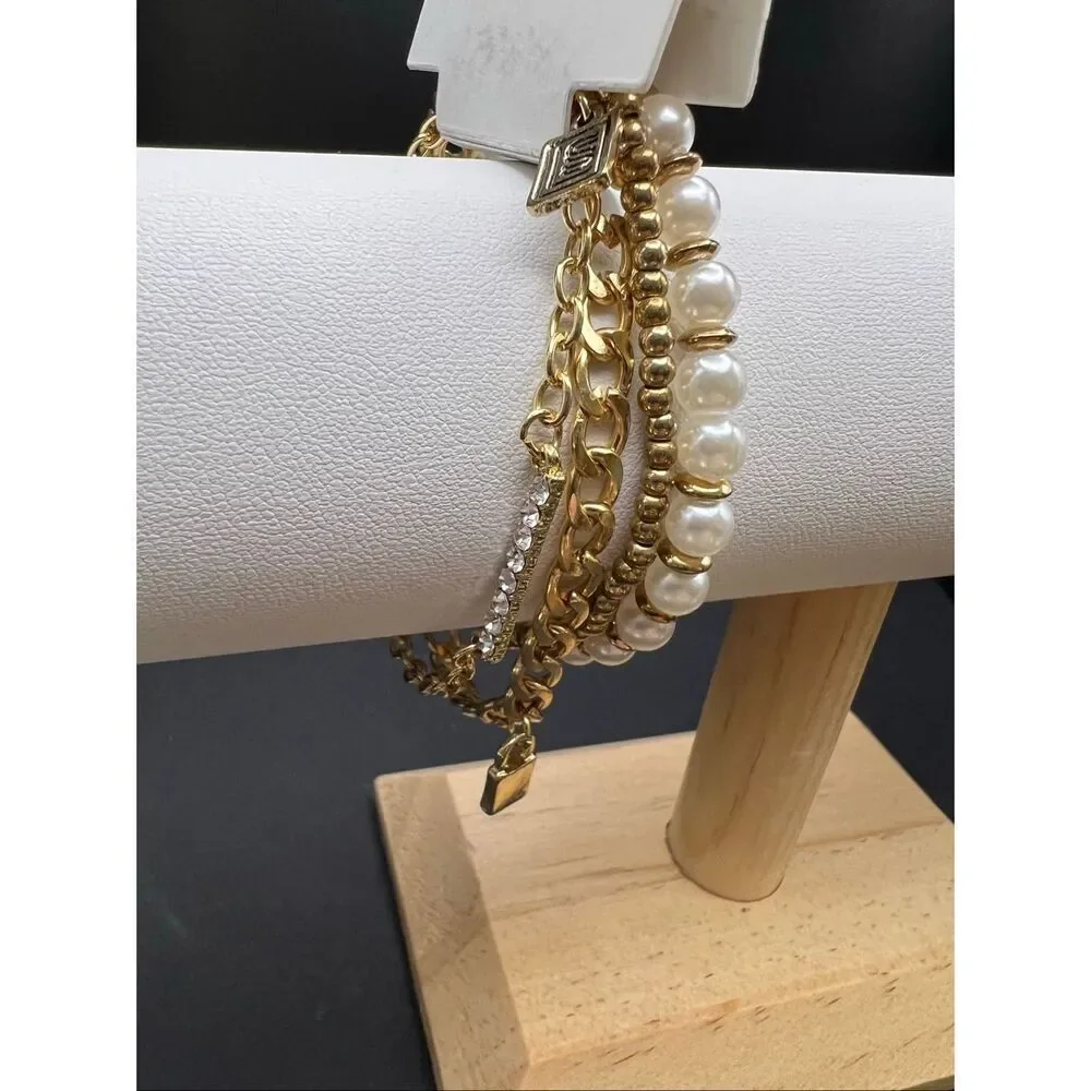 New Laundry by Shelli Segal Gold Toned Chain and Faux Pearl 4 Layering Bracelets